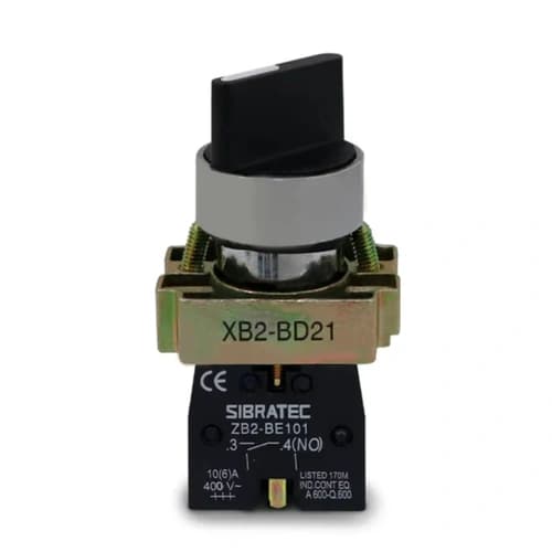 Comutador metálico manopla curta 22mm preto 2 posições fixas 1NA HB2-BD21